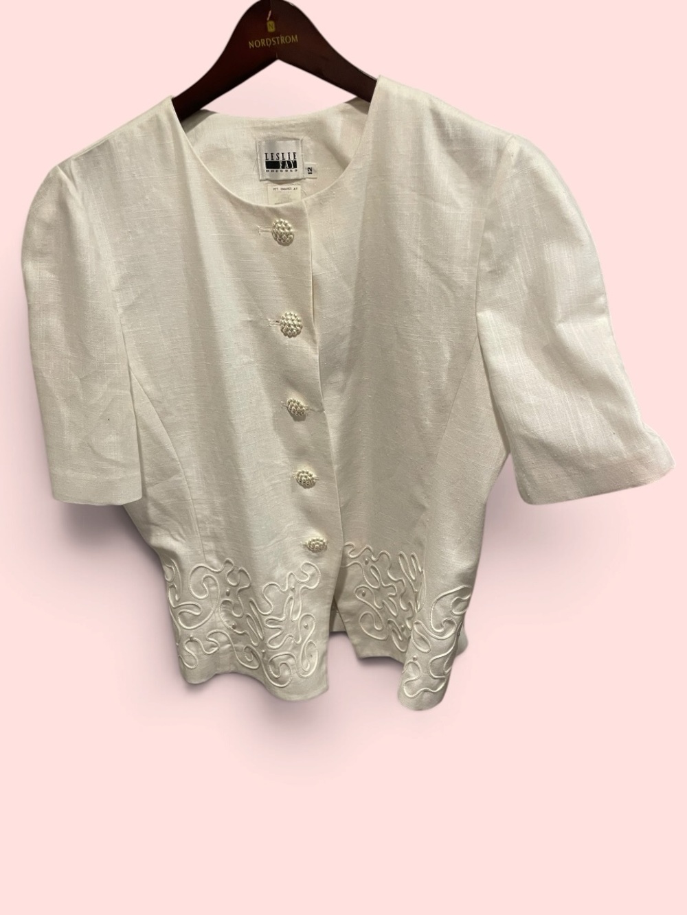 Cute creamy 80s pearly button embroidered ribbon trim blazer breezy grannycore